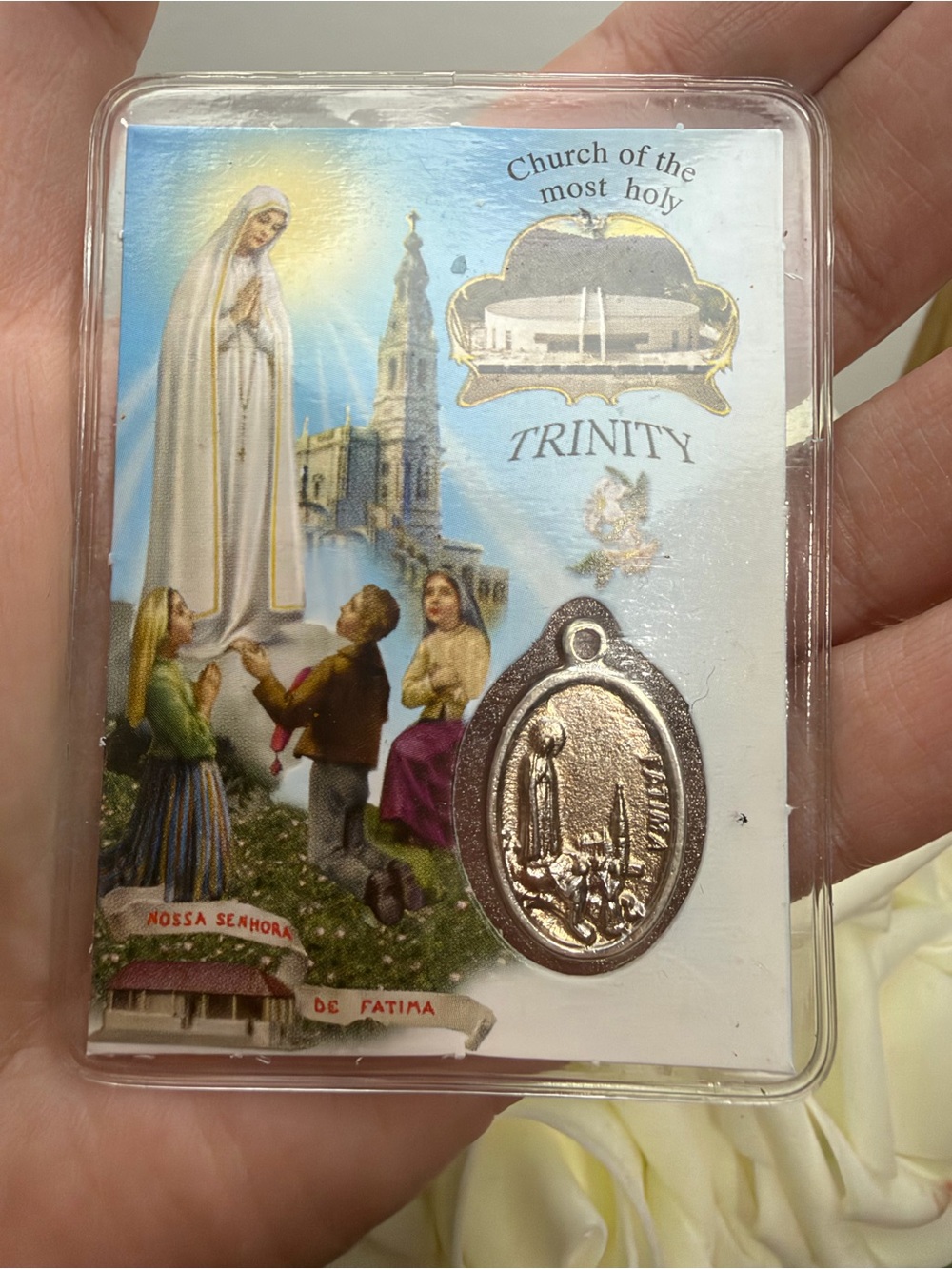 Trinity Our Lady of Fatima Devotional Card - White & Blue